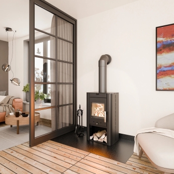 Preview: Kaminofen Haas+Sohn PRIMO – Stahl tief-schwarz mit Holzfach – 6,4 kW