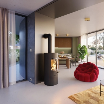 Preview: Kaminofen Haas+Sohn VARO S – tief-schwarz mit Wärmeplatte, Holzfach und Tür – 6,5 kW