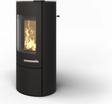 Kaminofen Haas+Sohn VARO S – tief-schwarz mit Wärmeplatte, Holzfach und Tür – 6,5 kW