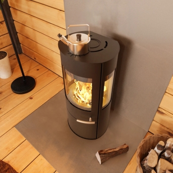Preview: Kaminofen Haas+Sohn VION.l – tief-schwarz, 3 Sichtscheiben, mit Wärmeplatte, Holzfach und Tür – 6,5 kW