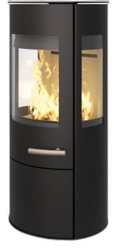 Preview: Kaminofen Haas+Sohn VION.l – tief-schwarz, 3 Sichtscheiben, mit Wärmeplatte, Holzfach und Tür – 6,5 kW