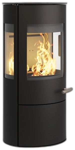 Kaminofen Haas+Sohn VION.l – tief-schwarz, 3 Sichtscheiben, mit Wärmeplatte, Holzfach und Tür – 6,5 kW