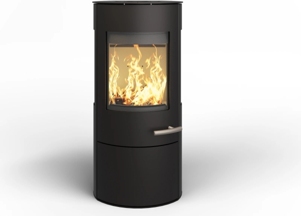 Kaminofen Haas+Sohn VION.l – tief-schwarz, 3 Sichtscheiben, mit Wärmeplatte, Holzfach und Tür – 6,5 kW
