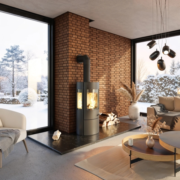 Kaminofen Haas+Sohn VION.l – tief-schwarz, 3 Sichtscheiben, mit Wärmeplatte, Holzfach und Tür – 6,5 kW